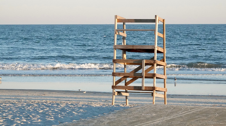 lifeguard stand with ocean background on Coligny Beach in South Carolina