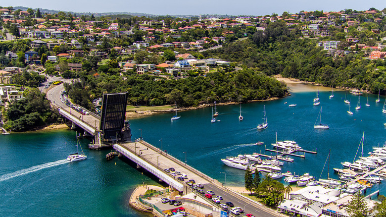 Aerial view of Spit Bridge, Sydney and boats in harbor