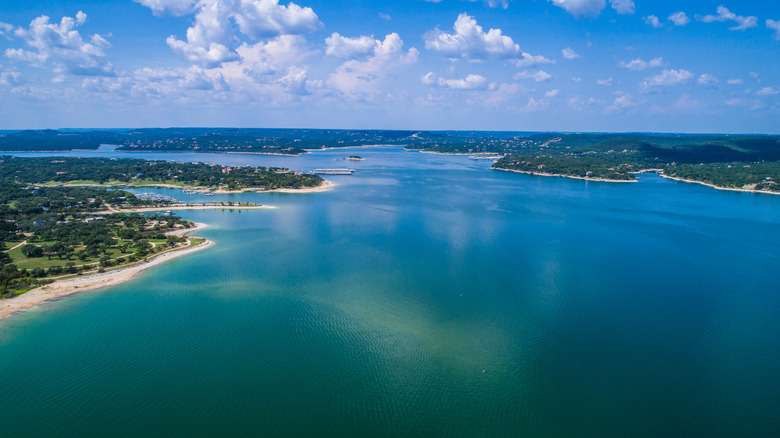 aerial view of Lake Travis blue waters on clear day