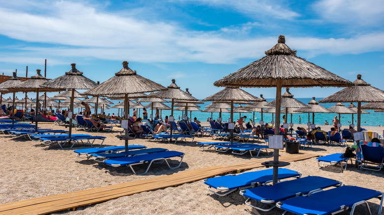 Row of beach beds in Preveza