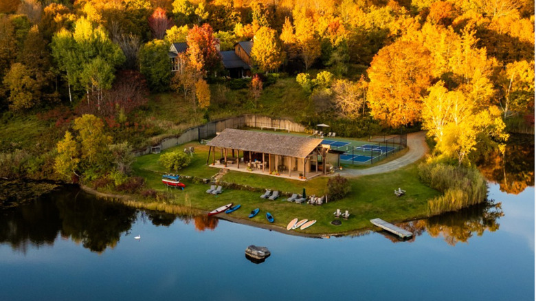 Aerial view of Twin Farms with fall foliage