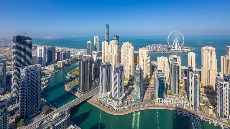 aerial view of the Dubai Marina with a forest of skyscrapers