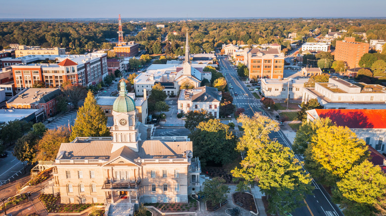 Historic buildings at the University of Georgia in Athens are viewed from above.