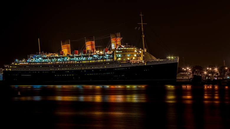 Queen Mary docked at Long Beach at night