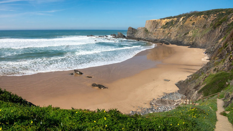 golden-sand beach in Portugal with bluffs