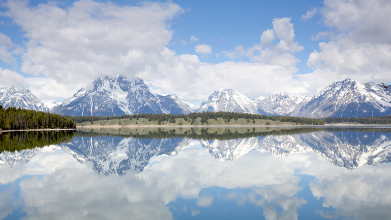 snowy mountains reflected in lake