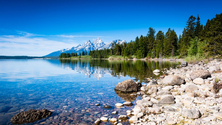 lake, trees, snow-capped mountains