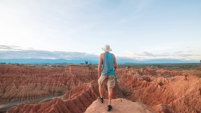 Hiker on the edge of a cliff overlooking the Tatacoa