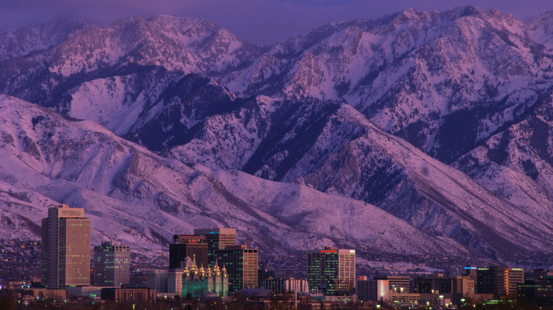 Salt Lake City skyline with the Wasatch Mountain range in the distance