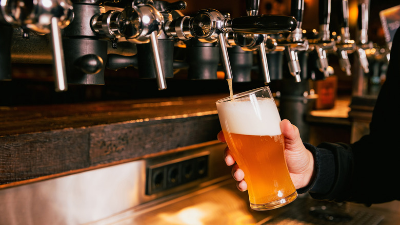 bartender pours beer at a brewery