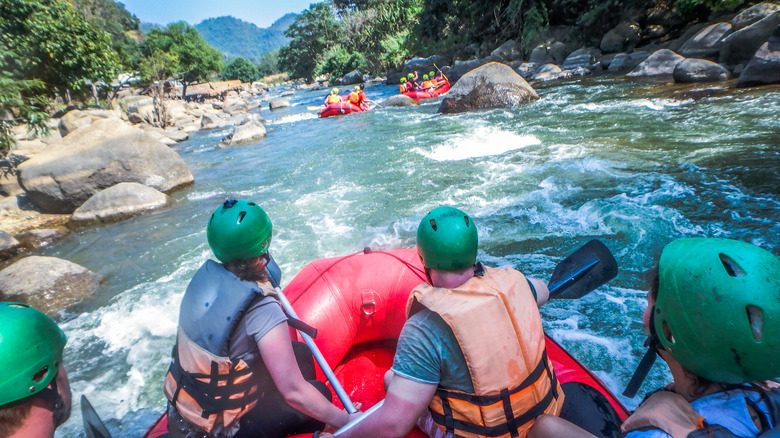 People whitewater rafting in river