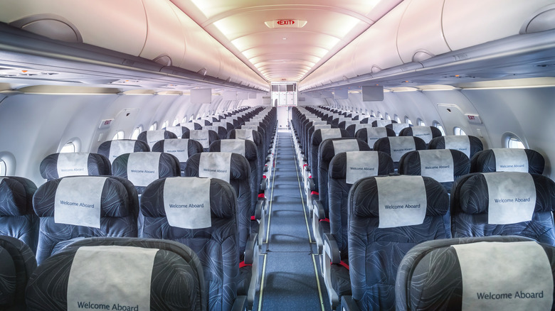 blue seats on an airplane