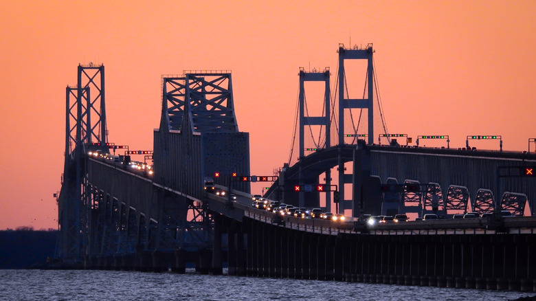 Chesapeake Bay Bridge traffic sunset