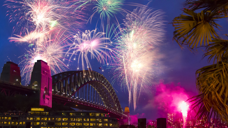 fireworks over bridge