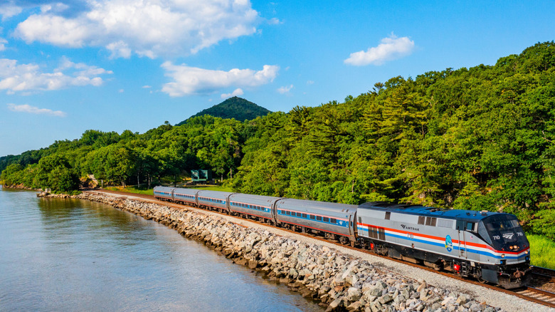 Amtrak train passing along lush lakeshore