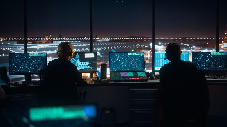 Air traffic control center at night