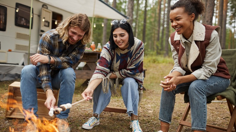 friends roasting marshmallows over campfire