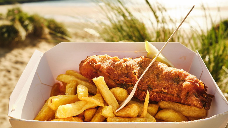 Fish and chips, Cornish beach