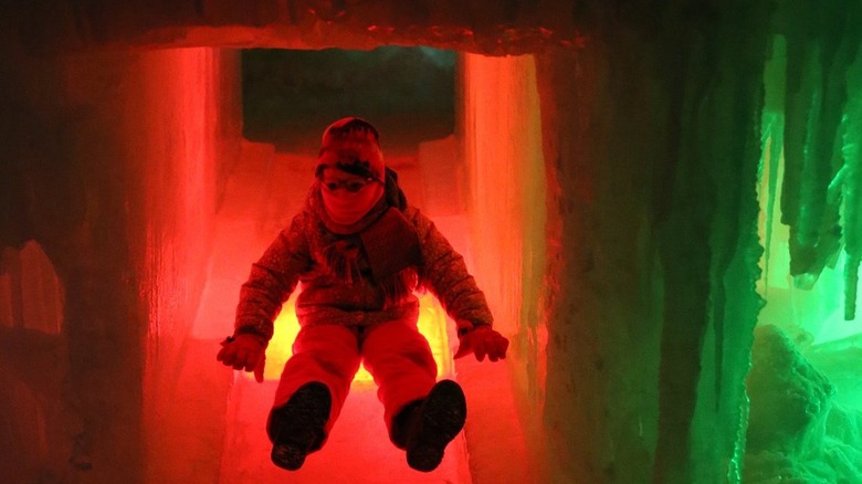 boy sliding down ice slide