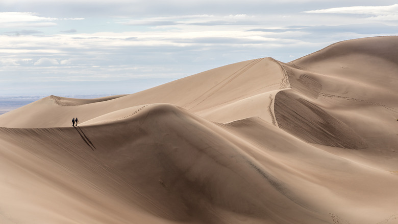 Two people walking on dunes