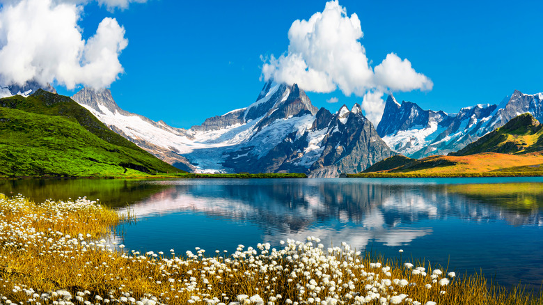 Lake with mountains in background