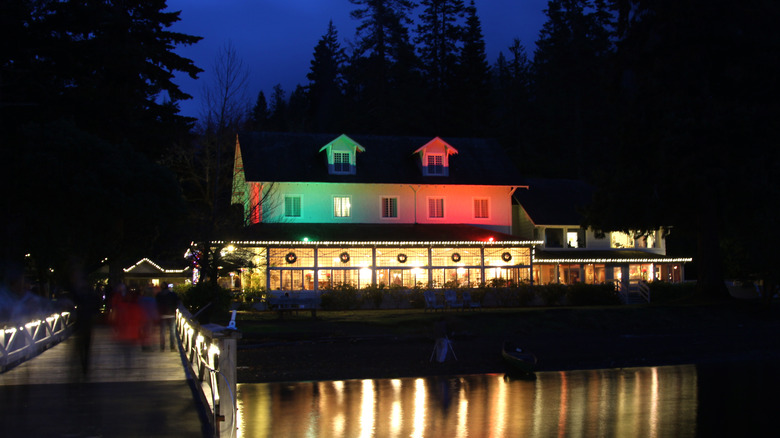 Lake Crescent Lodge illuminated by night