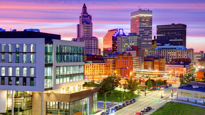 The skyline of Providence, Rhode Island at dusk