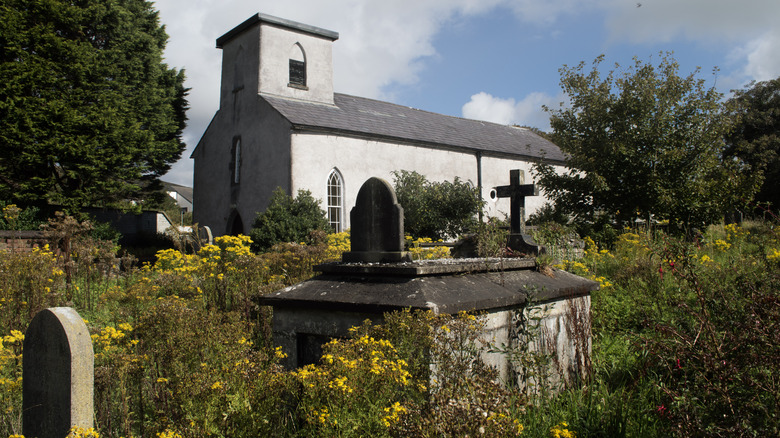 Cemetery, church, and wildflowers