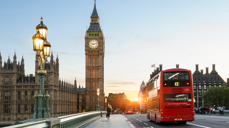 London bus at sunset