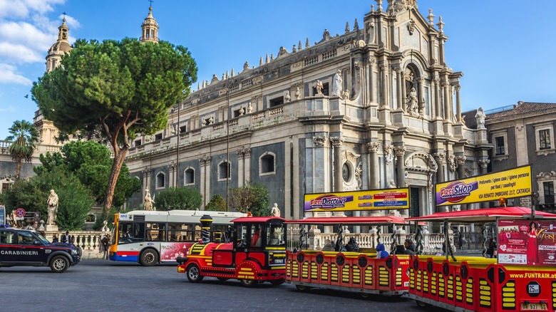 Tourist sightseeing trackless train Italy