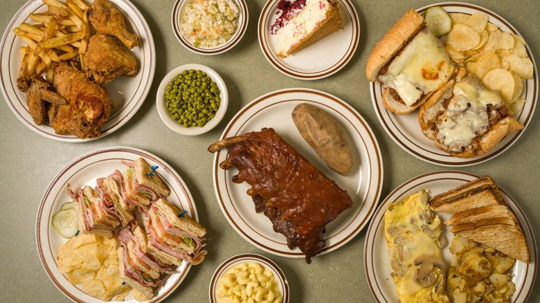 A variety of American foods are viewed from above