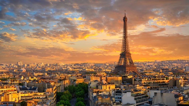 aerial shot of Paris at sunset