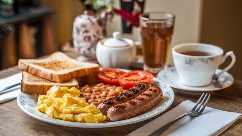 Plated English breakfast with tea