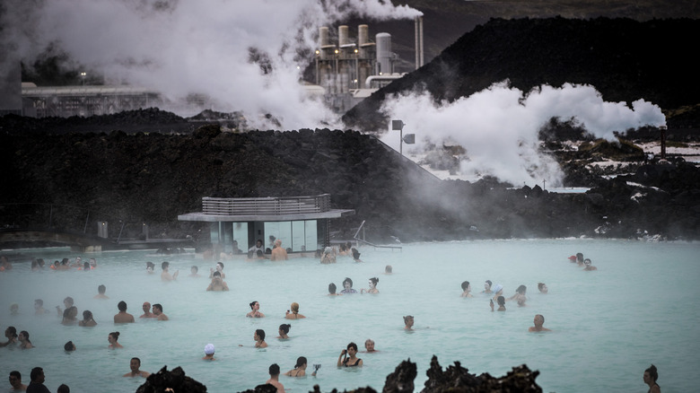 Crowded Blue Lagoon with geothermal factory