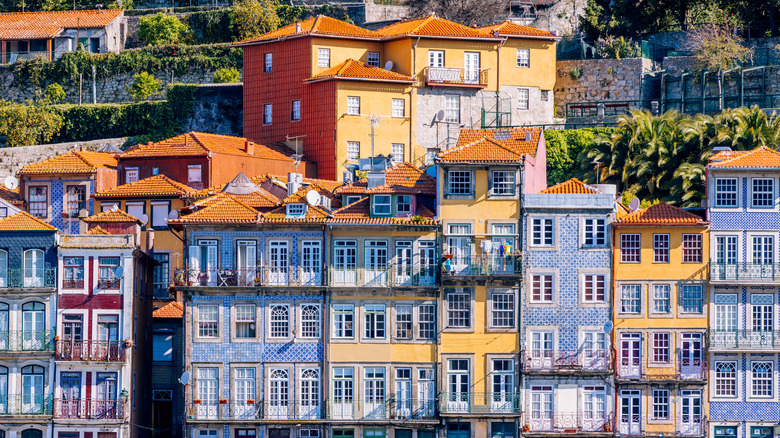 Rows of colorful tiled buildings in Porto, Portugal