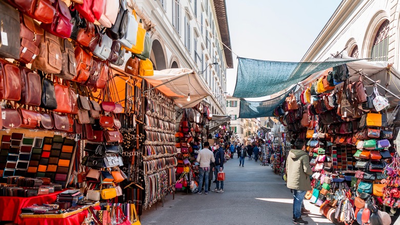 Street with stalls selling leather goods