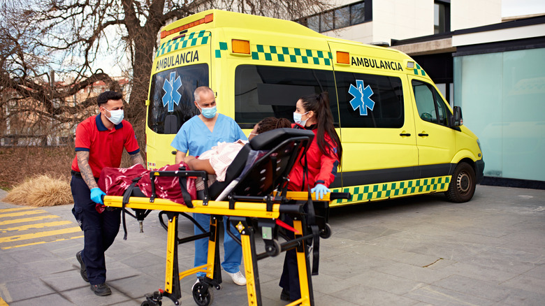 European ambulance with medical workers