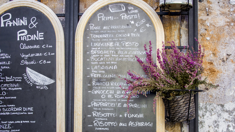 menu from Italian restaurant