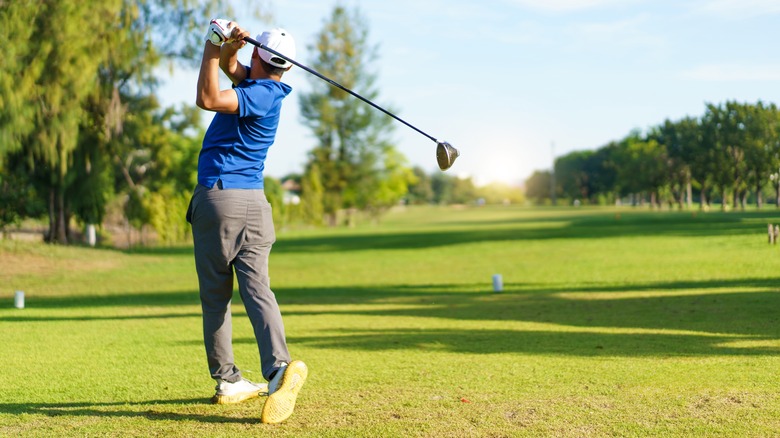 A golfer in a sand pit in Troon, Scotland