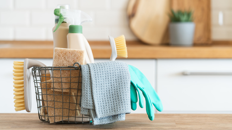 Cleaning supplies on counter