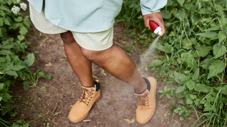 Person spraying legs with bug spray outdoors