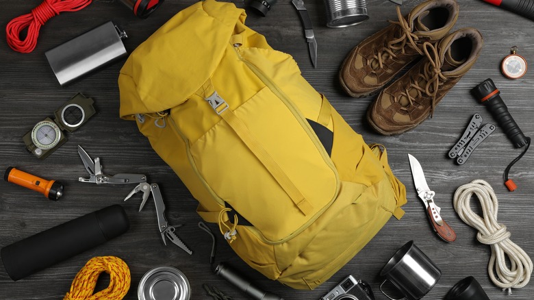 flat lay of backpacking gear