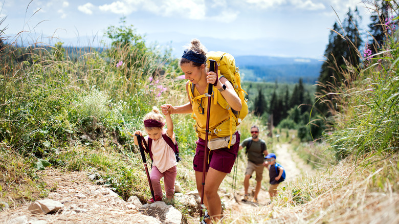 A family backpacking in nature