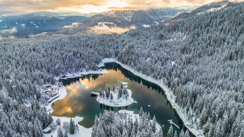 Aerial view of lake in winter