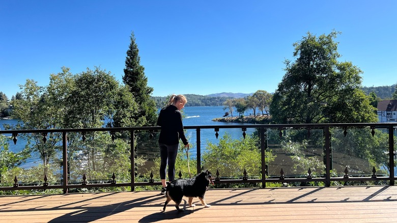 Resort guest and dog on balcony