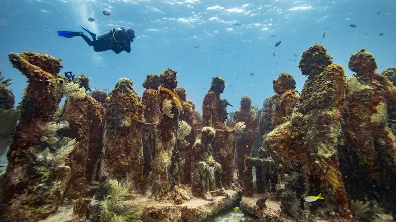 A scuba diver visits MUSA statues