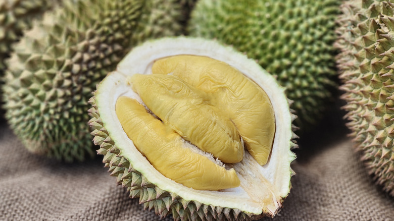 Whole and cut durian