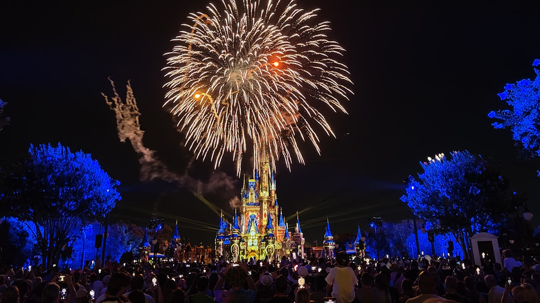 Nighttime fireworks over Cinderella's Castle at Disney's Magic Kingdom Park.