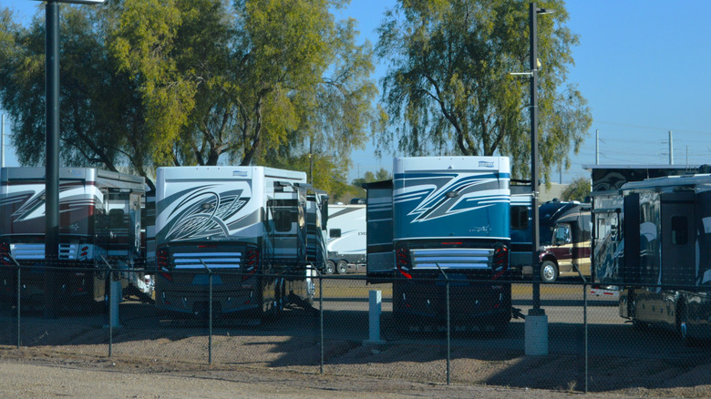 RVs parked at dealership