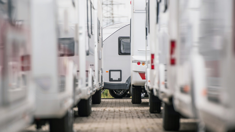 RVs lined up at a dealership